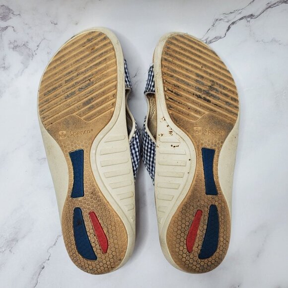 Spenco Kholo Blue Gingham Print Cork Orthotic Slide Sandals Women's 8 - Picture 6 of 7